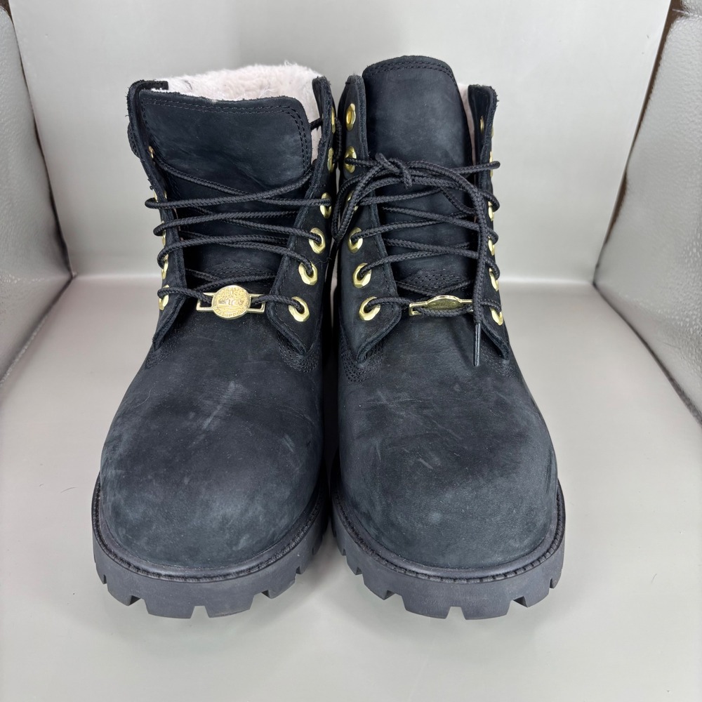 Timberland 6 Inch Premium Black Nubuck Gold Hardware Shearling Boots A433R 6.5Y - Picture 2 of 7